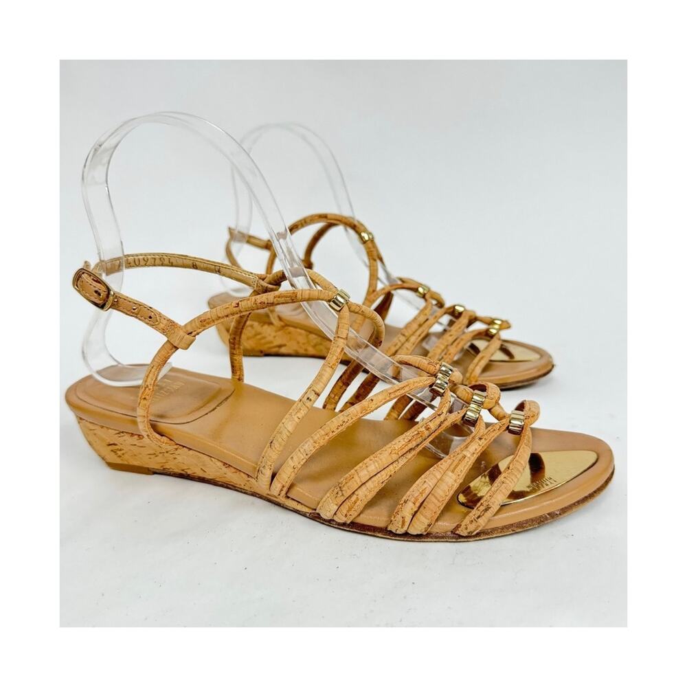 Stuart Weitzman Cork Wedges Sandals Strappy Gold Beads Slingback  Size 8
